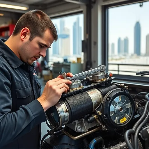 Mechanic performing a carburetor adjustment and rebuild service on a Range Rover in a Dubai workshop, with tools and car parts visible.