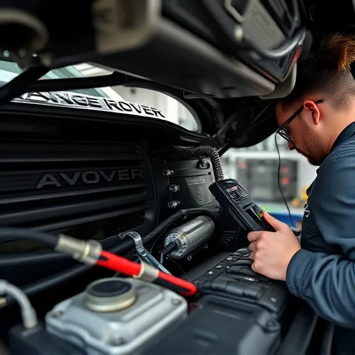 Mechanic inspecting the EVAP system of a Range Rover in a high-tech workshop in Dubai, highlighting leak detection service.