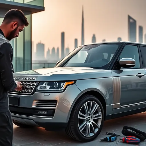 A technician performing scratch repair on a Range Rover in Dubai, with the city skyline in the background.