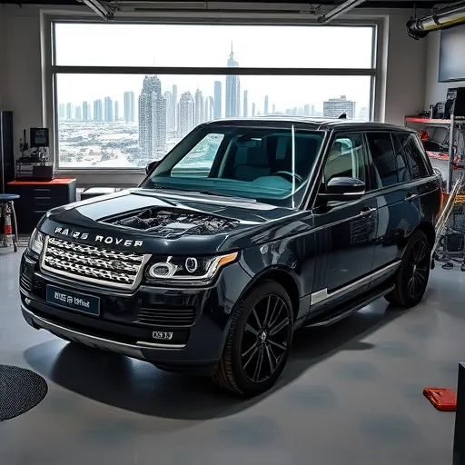 A Range Rover featuring an LS3 engine swap, displayed in a high-tech garage in Dubai, with tuning tools and the Dubai skyline in the background.