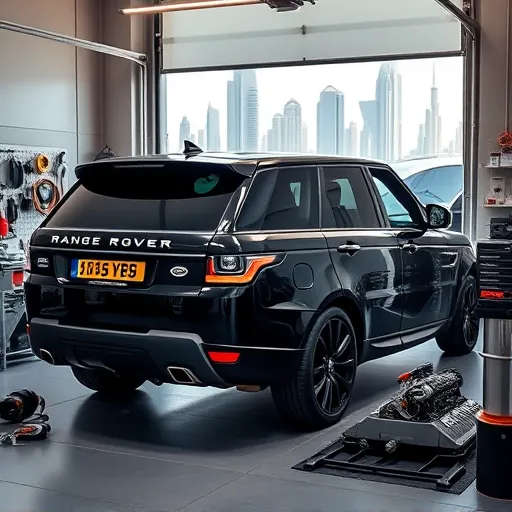 A mechanic installing a turbo kit on a Range Rover in a Dubai garage, with a view of the Dubai skyline in the background.