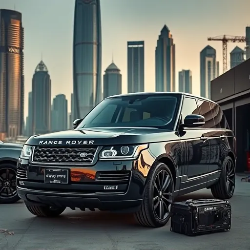 A luxury Range Rover featuring a W16 engine, set in Dubai with skyscrapers in the background, highlighting the tuning and servicing process.