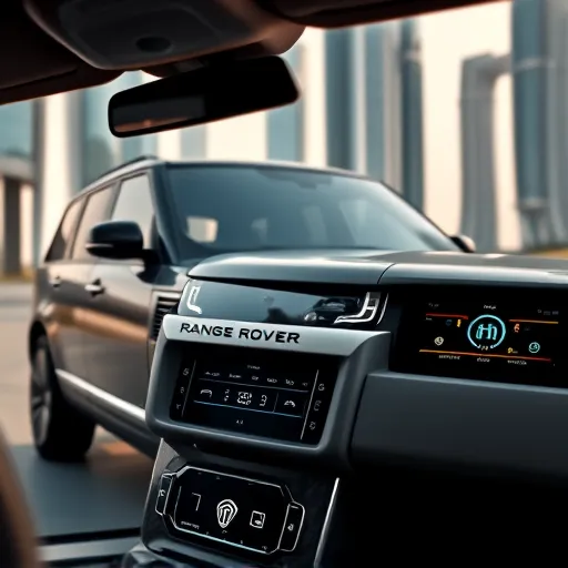 A close-up of a Range Rover's advanced immobilizer and security system displayed on the dashboard, set against a backdrop of Dubai's skyline.