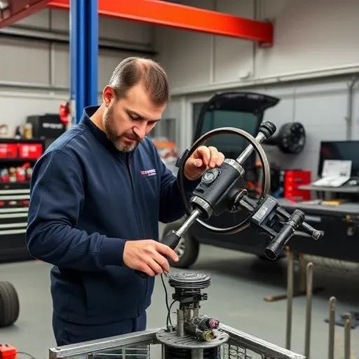 A mechanic working on a Range Rover steering rack in a well-equipped automotive repair shop in Dubai.