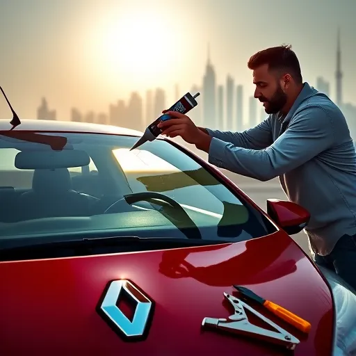 A technician applying sealant to a Renault windshield with Dubai's skyline in the background, emphasizing the importance of car maintenance in urban settings.