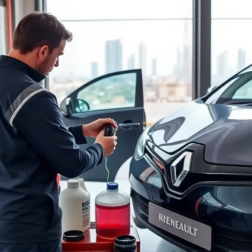 A mechanic servicing a Renault vehicle by flushing and topping up the coolant in a Dubai garage, with tools and coolant containers around.
