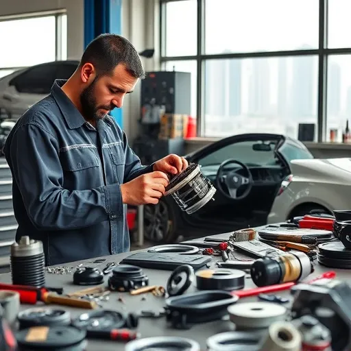 A mechanic repairing a Renault thermostat housing in a Dubai auto repair shop, with tools around and the city skyline in the background.
