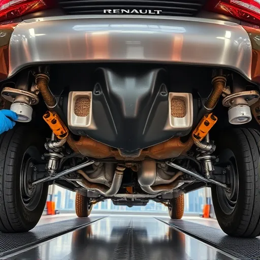Technicians applying rust-proofing and underbody coating to a Renault car in a workshop in Dubai, showcasing the car's undercarriage and the city skyline in the background.