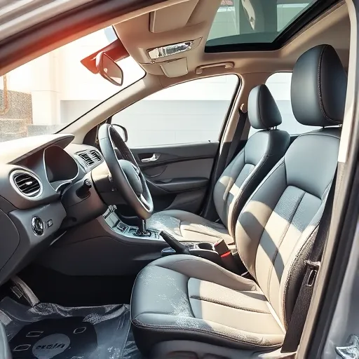 A professional detailer cleaning the interior of a Renault car in a modern Dubai workshop, featuring bright sunlight and high-quality cleaning tools.
