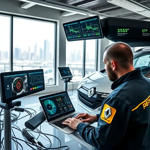A technician performing advanced diagnostic scans on a Renault vehicle in a high-tech workshop in Dubai, surrounded by modern diagnostic tools and digital displays.