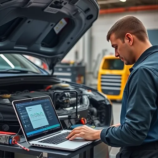 A mechanic in a Dubai garage performing comprehensive engine diagnostics on a Renault vehicle using advanced diagnostic equipment.