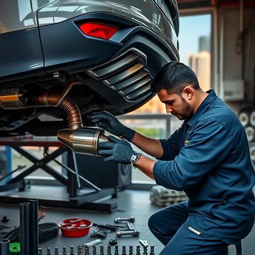 A mechanic inspecting and replacing the exhaust pipe of a Renault car in a Dubai workshop, with tools and the city skyline visible.