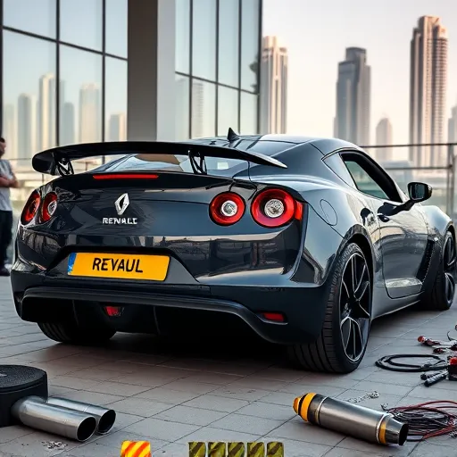 A Renault sports car with a newly installed exhaust system, being tuned by a mechanic in front of the Dubai skyline.
