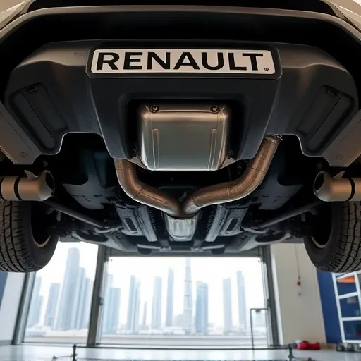 A mechanic installing a new catalytic converter on a Renault vehicle in a Dubai garage, highlighting the intricate details of the car's undercarriage.