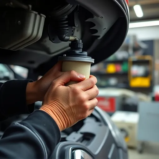 A mechanic replacing a fuel filter in a Renault car in a Dubai workshop, showcasing the intricate details of the fuel system and tools used.