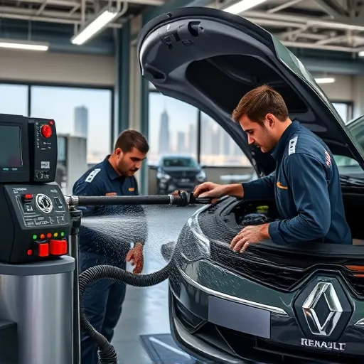A mechanic in a Dubai workshop cleaning the fuel system of a Renault car, with advanced equipment and the Dubai skyline in the background.