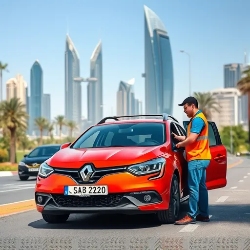 A Renault car being serviced by a mechanic in Dubai, with tall skyscrapers and palm trees in the background, illustrating a car recovery and breakdown service.