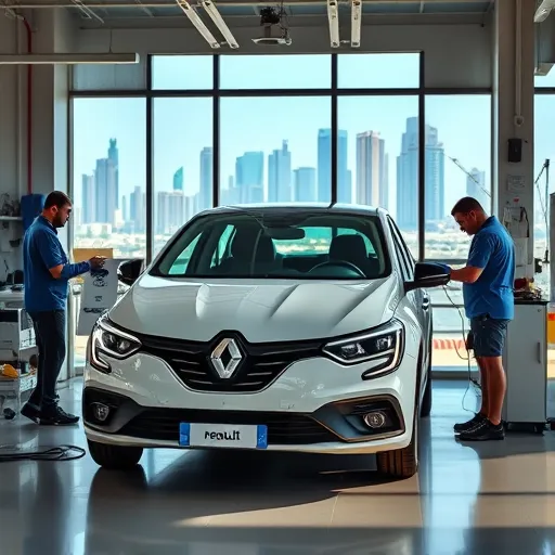 A Renault car being serviced in a Dubai auto repair shop, with mechanics using diagnostic tools and a city skyline visible in the background.