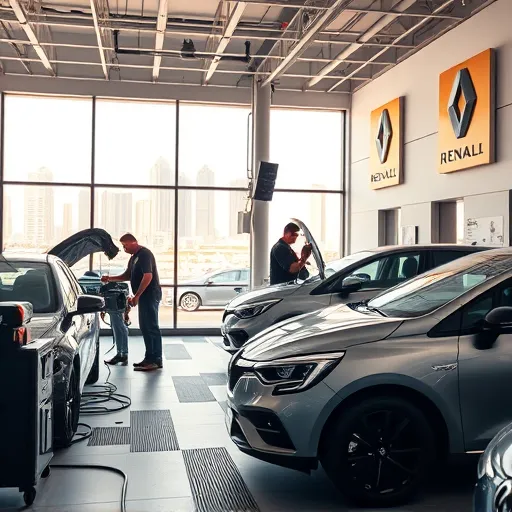 Technicians repairing a Renault car in a modern workshop in Dubai, with diagnostic tools and the city skyline in view.