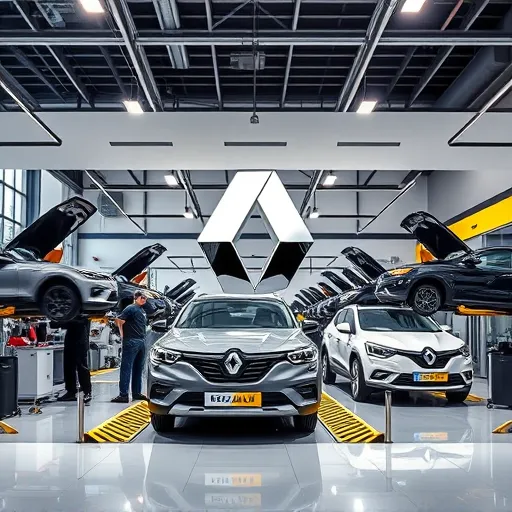 Technicians working on Renault vehicles in a certified repair center in Dubai, featuring modern equipment and the Renault logo.