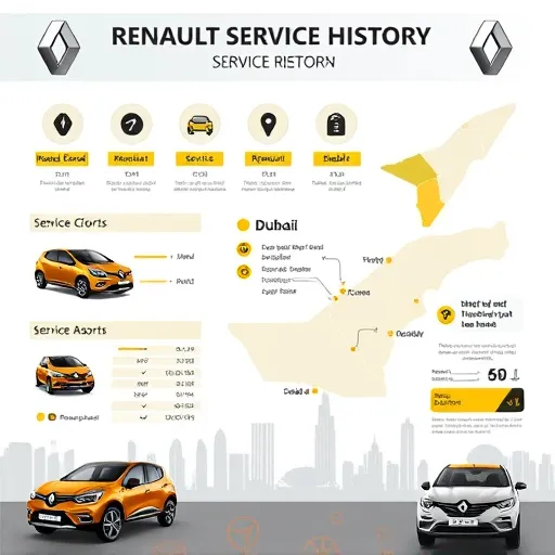 An infographic illustrating Renault service history compilation and reporting, with icons, service records, and a Dubai skyline.