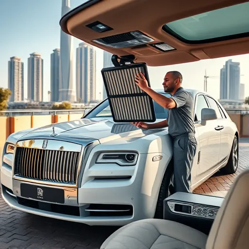 A mechanic changing the cabin air filter of a Rolls Royce in Dubai, highlighting the car's luxury and the importance of air quality.