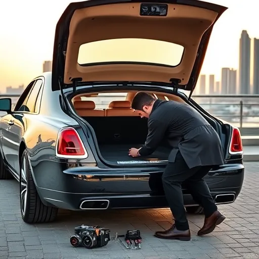 A technician repairing the trunk and replacing the lock of a Rolls Royce in Dubai, with the city skyline visible in the background.