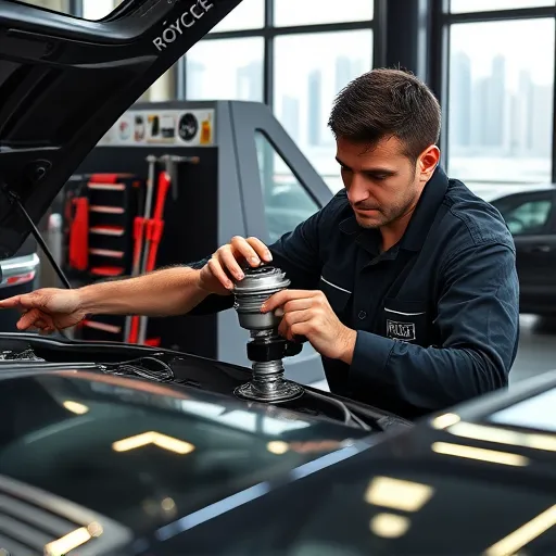 Mechanic repairing the thermostat housing of a Rolls Royce in a luxury automotive workshop in Dubai, with the city's skyline in the background.