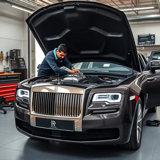 Technician replacing the water pump of a Rolls Royce in a Dubai auto repair shop.