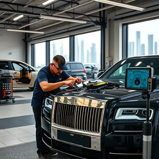 A skilled mechanic tests an ignition coil on a Rolls Royce in a state-of-the-art workshop in Dubai, with the city skyline visible through the workshop window.
