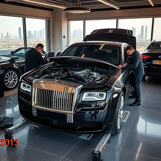 A Rolls Royce luxury car undergoing engine repair in a modern automotive workshop in Dubai, with mechanics and tools in the background.