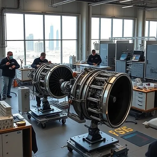 Technicians in a modern Dubai workshop installing Rolls Royce jet engine parts, with detailed engine components and the Dubai skyline in the background.