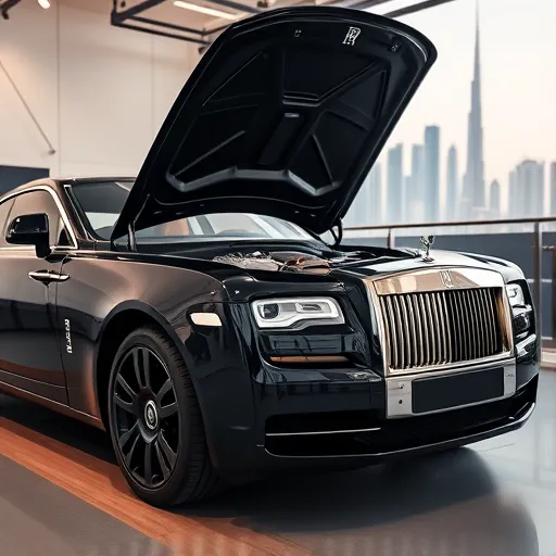 A Rolls Royce car in an automotive workshop in Dubai, with the hood open revealing a technician replacing the catalytic converter, contrasted against the Dubai skyline.