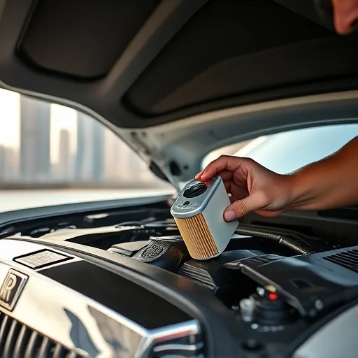 A mechanic replacing the fuel filter in a Rolls Royce engine, with the Dubai skyline visible in the background.