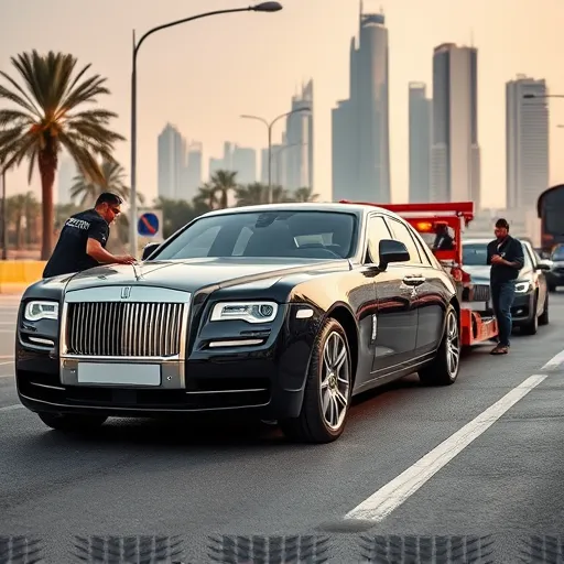 A Rolls Royce car receiving breakdown service in Dubai, with a recovery vehicle and the city's skyline in the background.