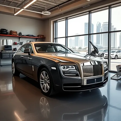 A high-end Rolls Royce in a sophisticated auto workshop in Dubai, with advanced tools and a view of the Dubai skyline.