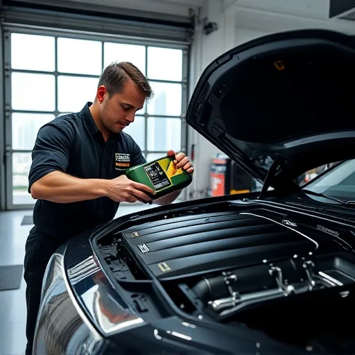 A mechanic pouring Rolls Royce 10W40 engine oil into a luxury car's engine in a Dubai workshop, with the city's skyline in the background.