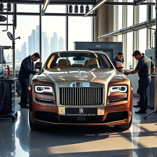 A Rolls Royce being serviced for an oil change at a luxury maintenance center in Dubai, with technicians working on the car amidst a contemporary workshop setting.