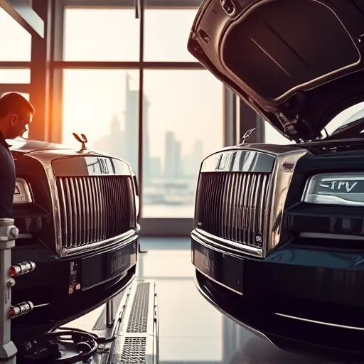 A technician working on a Rolls Royce car in a workshop, addressing an oil leak issue in Dubai.