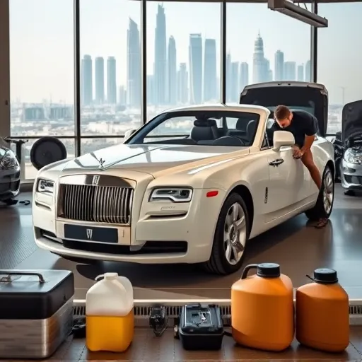 A mechanic changing the power steering fluid of a Rolls Royce in a luxurious garage in Dubai, with the city skyline in the background.