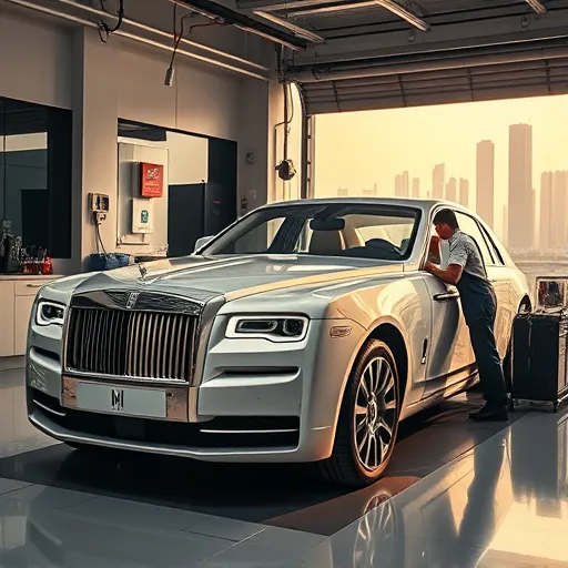 A technician conducting a synthetic oil change on a Rolls Royce inside a state-of-the-art service center in Dubai, with the city skyline in the background.
