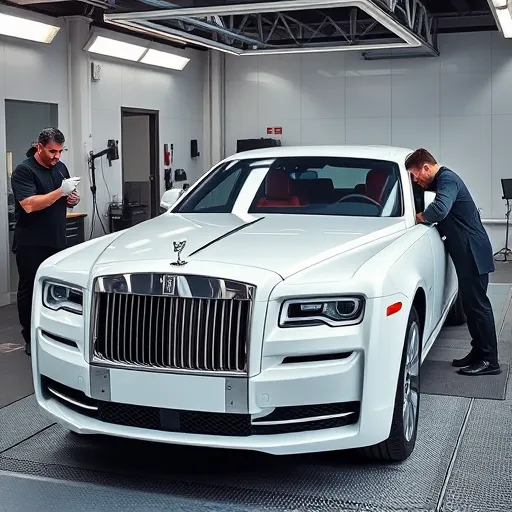 A technician repairing a Rolls Royce car's paint in a Dubai workshop, focusing on color matching to ensure a flawless finish.
