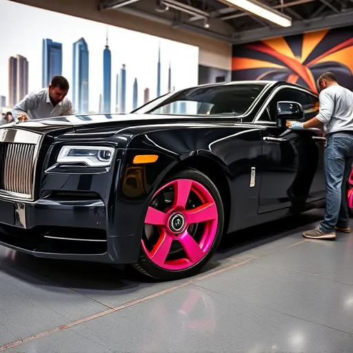 A Rolls Royce car having its rims custom painted in a vibrant color in a sophisticated auto shop in Dubai, with artisans working on the rims and the Dubai skyline in the background.