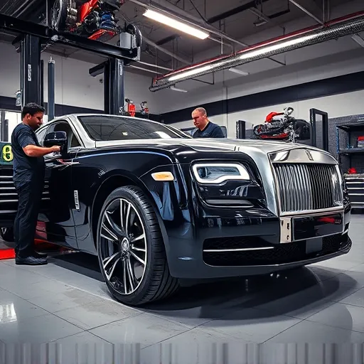 A technician repairing the suspension system of a Rolls Royce in a state-of-the-art workshop in Dubai, highlighting the car's luxury and the quality of service.