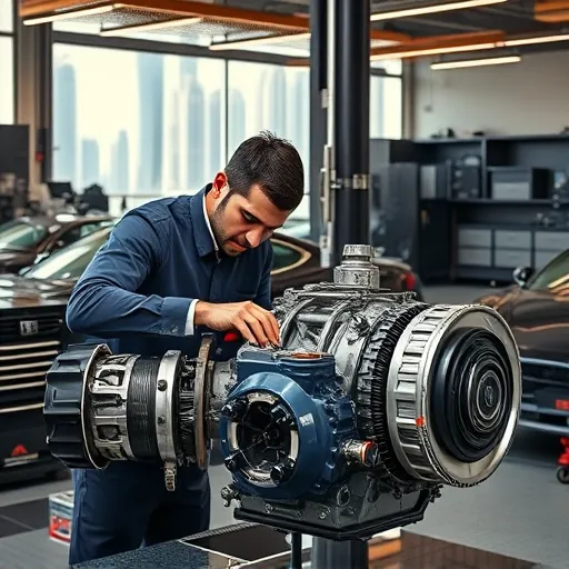 A mechanic repairing a Rolls Royce CVT gearbox in a modern automotive shop, with the Dubai skyline visible through the workshop windows.