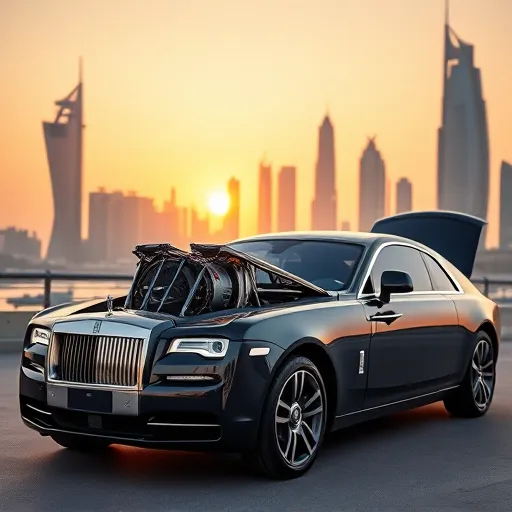 A Rolls Royce vehicle with an open hood revealing a new transmission system, with the Dubai skyline in the background during sunset.