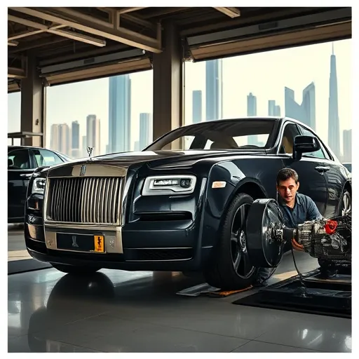 A Rolls Royce car being serviced for a transmission oil change in a sleek Dubai automotive workshop, with tall skyscrapers in the background.