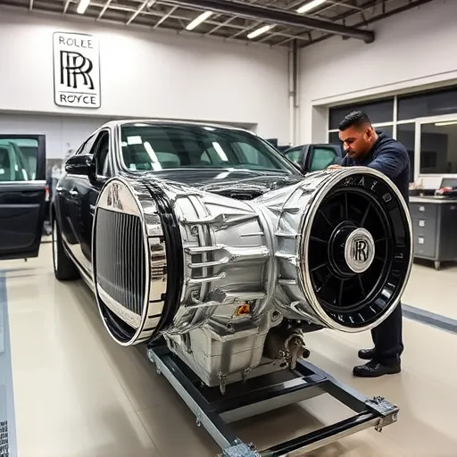 A technician installing a transmission in a Rolls Royce vehicle at a high-end workshop in Dubai, surrounded by tools and the iconic logo.