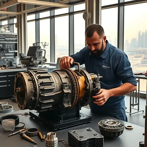 A technician repairing a Rolls Royce worm gearbox in a Dubai workshop, showcasing precision and expertise with the city skyline in the background.