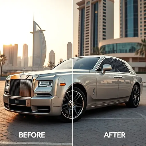 A side-by-side comparison of a damaged and restored alloy wheel of a Rolls Royce in front of a stunning Dubai skyline.